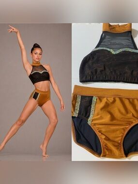 Custom made solo dance costume orange black 2 piece illusion leotard SA adult
